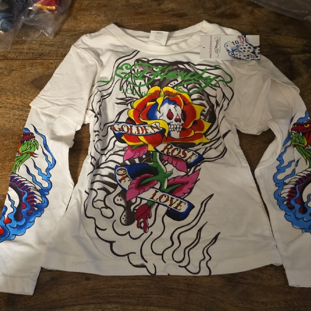 Ed Hardy White Long Sleeve Kids Tee with Colorful Graphics